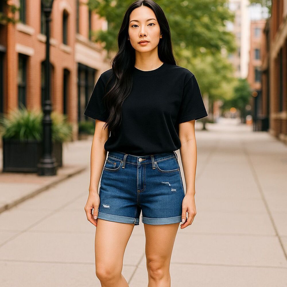 Levis Denim Shorts Womens 29 Blue Mid Length Rolled Cuff Stretch Distressed - Picture 9 of 9